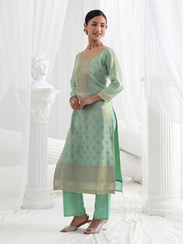 Image of Libas Woven Design Silk Blend Straight Kurta With Trousers and Dupatta | daily wear suit
