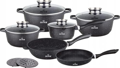 Zilner Lot de 12 Casseroles et Poêles - Revêtement en Marbre - Couvercles en Verre - Tous Feux dont Induction - Noir