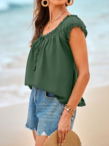 Image of Tankaneo Women Summer Tie Front Tank Tops Cap Sleeve Pleated Babydoll Tops Casual Loose Fit Going Out Flowy Shirt