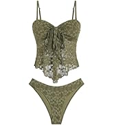 ZAFUL Tankini Swimsuits for Women Tie Front Ruffles Lace Textured High Cut Strapless Two Piece Sw...
