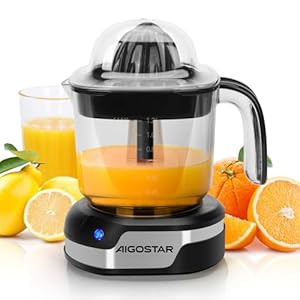 Aigostar 1.2L Orange Juicer Electric Citrus Juicer with LED Working Lamp, 2 Citrus Cones, Two Way Rotation, Filter, Lemon Squeezer Press for Orange Lemon Lime Grapefruit, Black – Juicy 30G4F