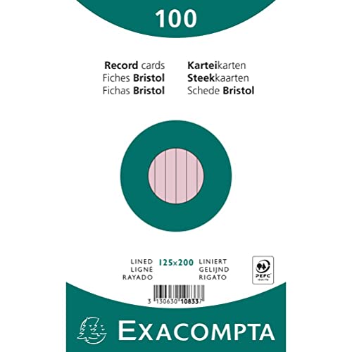Exacompta 10833x Paquet de 100 Fiches Bristol sous film 12, 5 x 20 cm ligné Non perforées Rose Cover