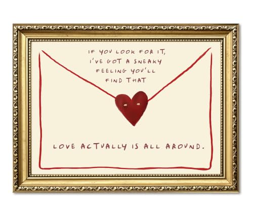 Vintage Love Letter Heart Sign Wall Art Love Actually Is All Around Wall Decor Romantic Love Quote Artwork for Bedroom Living Room Apartment 12x16 inch Gold Framed