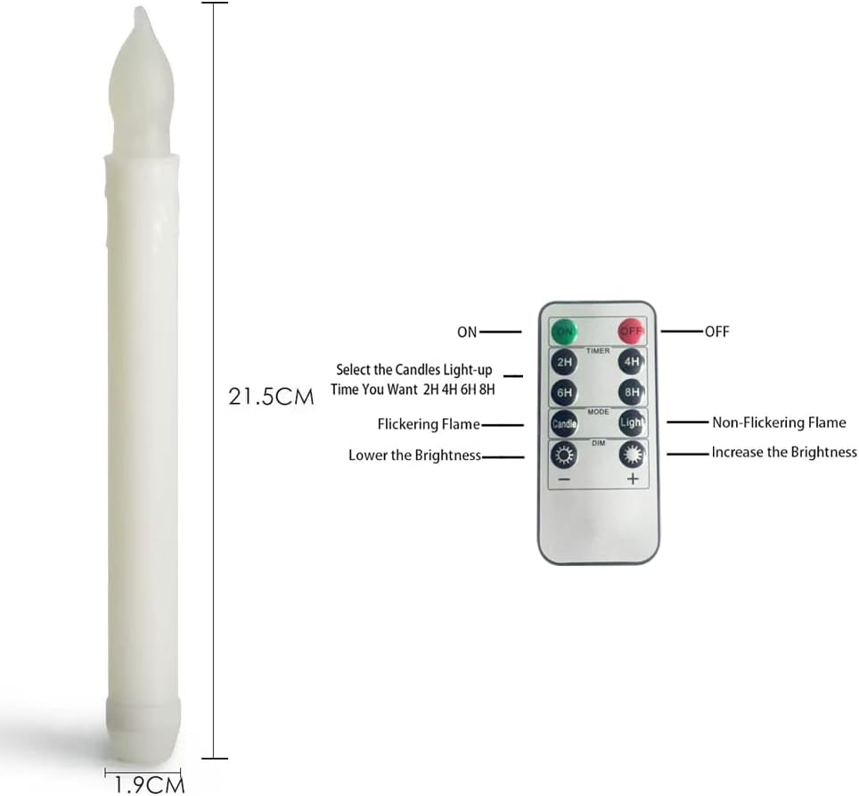 6 Pcs Plastic Flameless Taper Candles with Remote Timer Dimmer, 8.5 inches Taper Candles Battery Operated, Plastic LED with Flickering Flame for Halloween Christmas Church Wedding (Warm White)