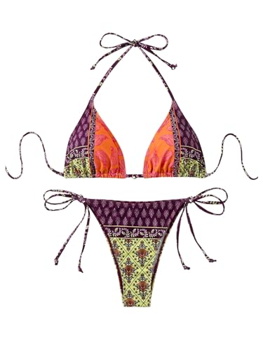MakeMeChic Women's Printed 2 Piece Swimsuit Halter Triangle Bikini Set Tie Side Thong Bathing Suit