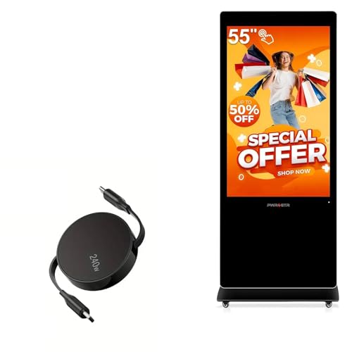 BoxWave Cable Compatible with PWR4GTR Digital Signage Display 55 Inch - PD miniSync (240W), Retractable PD 240W Portable USB Type-C Cable - Jet Black