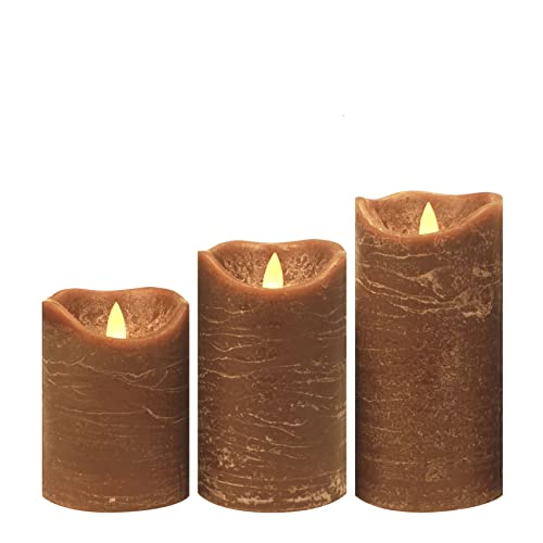 Image of CANDLE CHOICE Battery Operated Flameless Candles with Timer Real Wax Realistic Flickering Electric LED Pillars Automatic Built-in Daily Cycle Timer 6-Hour on 18-Hour Off Set of 3 Rustic Texture Brown