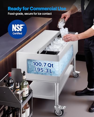 Image of VEVOR Commercial Ice Bin,19 Inch Stainless Steel Ice Chest with Sliding Lid and Bottle Holders, Cooler Cart Cocktail Unit for Bar Restaurant Pub, NSF Certified