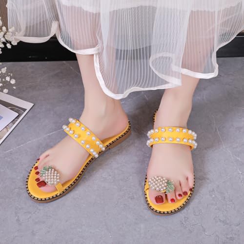 Fruit Toe-Post Sandals for Women Cute Yellow Slippers With Pearl Pineapple Flat Sandals Outdoor Summer4