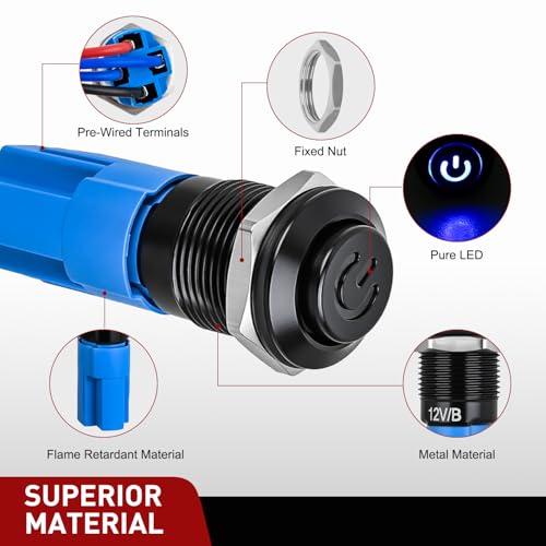 Image of Nilight 12mm Latching Push Button Switch 6pcs LED Blue Waterproof