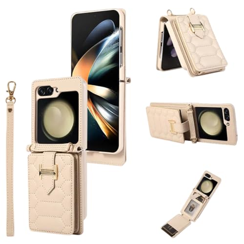 Étui en cuir Samsung Galaxy Z Flip 5 chic housse portefeuille avec cordon beige