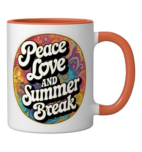 Peace Love And Summer Break Vacation Teacher Student Retro Ceramic Mug, Orange/White
