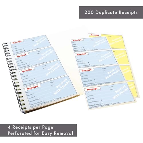 Pukka Pad 200 Entry Duplicate Receipt Book for Business and Sales – Pack of 5 – 200 Receipts per Book, 4 per Page, Carbonless, Perforated for Easy Removal, Wire Bound with Card Cover, 153 x 280mm - Image 3