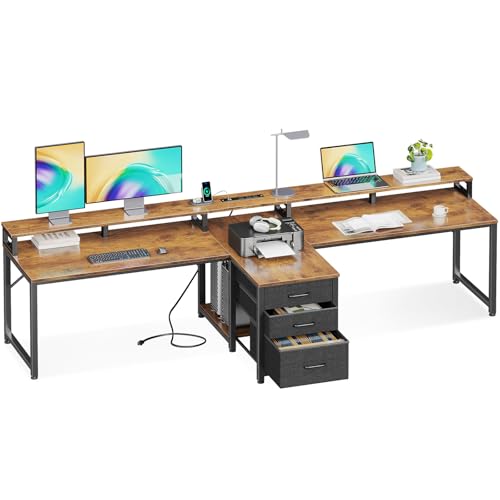 Coleshome 94' Two Person Computer Desk with Power Outlet & USB Ports, Extra Long Home Office Desk with Fabric Drawers, File Cabinet & Monitor Stand, Vintage Brown