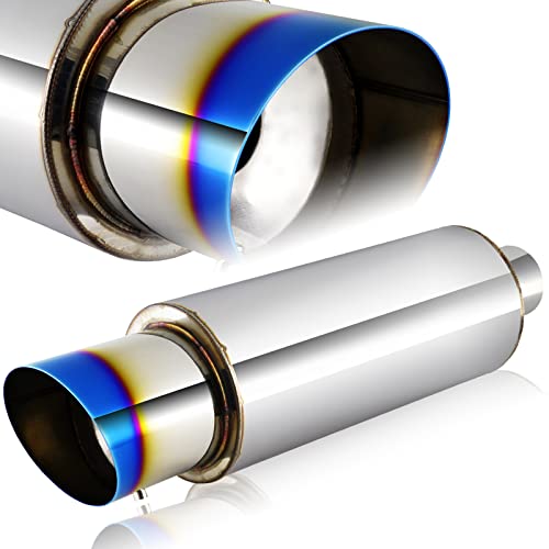 Universal 4 Outlet JDM N1 Style Muffler Hi Flow Stainless Steel Weld-On 2.5 Inlet, Slant Tip Muffler, Removable Silencer Pre-attached, Deep and Smooth Tone (Blue Burnt)