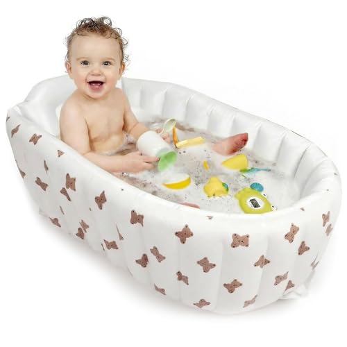 Aufblasbare Badewanne Baby - 90 x 55 x 30 cm Bärenmuster Tragbare Kinder Badewanne Aufblasbar Ohne Luftpumpe und Anti-Rutsch Zusammenklappbares Schwimmbad für Kinder 0-5 Jahre für Reisen im Freien