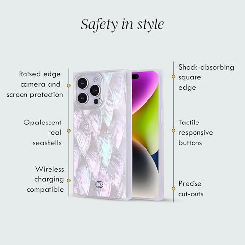 COCOMII - Rectangle Case Compatible with iPhone 14 Pro Max - Exquisite Opalescent Pearl Protective Phone Case for Women, Real Seashells, Rectangle Edges Iridescent Glitter Shockproof - Mother of Pearl