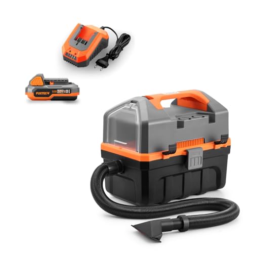 Fuxtec Akku Nass-/Trockensauger Set inkl. Akku und Ladegerät FX-E1VC20, Schmutzsauger mit Blasfunktion, Innen-/Außenbereich, 10 Liter Tank, inkl. Schlauch, 2-in-1 Fugen- und Bürstendüse, Filter