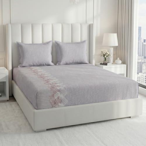 Image of Monte Carlo Eminence Double Bedsheet with 2 Pillow Covers | 144 TC Cotton Bedsheet for Double Bed | Soft & Breathable All Season Bedding Set | Lavender Grey Floral Design | Bedsheet 87 x 100 Inches