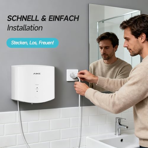AIKE Air Wiper Kompakt Händetrockner, Hochgeschwindigkeit, 1400W 220V, Stecken & Loslegen, Papierlos & Berührungslos für Öffentliche Toiletten, AK2630S (Weiß)