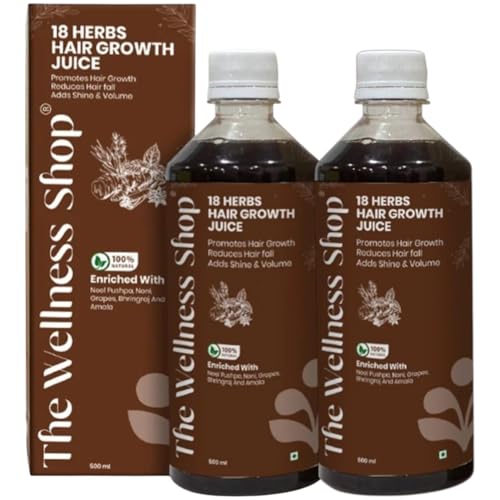 Image of The Wellness Shop 18 Herbs Hair Growth Juice 500ml (Pack of 2) | Ayurvedic Drink with Amla, Bhringraj & Noni | Supports Hair Fall Control, Stronger Roots & Scalp Nourishment