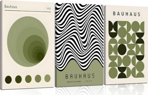 Art mural Bauhaus en toile géométrique verte | Set de 3 tableaux 30x40cm avec cadre intérieur