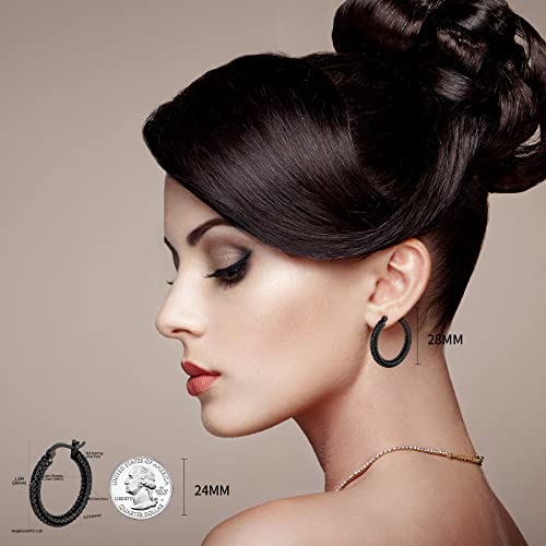 925 Sterling Silver Post Hoop Earrings For Women Gilrs Black Cubic Zirconia Chunky Black Hoop Earrings Weinuo Jewelry #TOP1