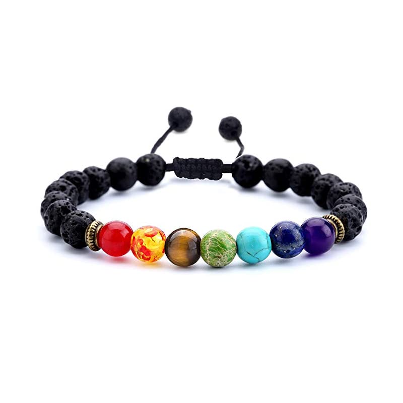 GEMTUBNatural 7 Chakra Lava(Volcano) Stone Bracelet For Reiki Healing Balancing Energy Stress Relief Natural Gemstone Round Beads Bracelet Yoga Aromatherapy Bracelet For Unisex