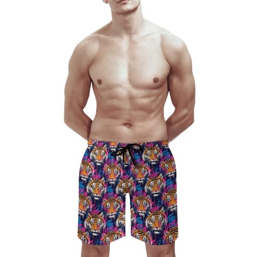 Hawaiian Shorts for Men - Comfy Cool Tiger Pink Graffiti Print Mens Swim Trunks Bathing Suits with Mesh Lining3