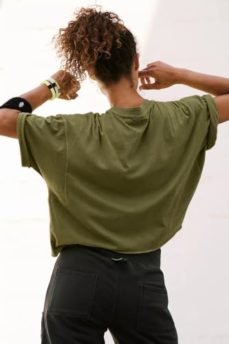 Image of HUGOOME Womens Oversized Workout Crop Top Casual Short Sleeve Boxy Roll Hem
