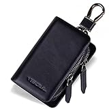 VISOUL Car Key Case Holder Double Zipper, Leather Car Smart Key Fob Case with Keychain for Men and Women-Black