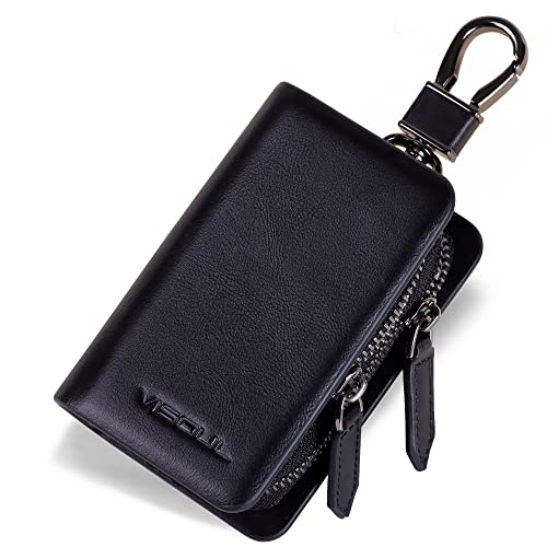 Image of VISOUL Car Key Case Holder Double Zipper, Leather Car Smart Key Fob Case with Keychain for Men and Women