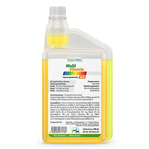 NaturaPets® Vitaminmischung Flüssig für Hunde & Katzen in Dosierflasche (250ml) als Futterergänzungsmittel mit wertvollen Vitaminen A, B1, B2, B6, B12, D3, E Calcium D sowie Biotion Cover