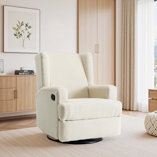 Image of Swivel Rocker Recliner Chair, 360 Swivel Wingback Recliner Chairs for Adults, Upholstered Boucle Fabric Glider Rocking Chair with High Back, Deep Seat for Living Romm Bedroom, Cream