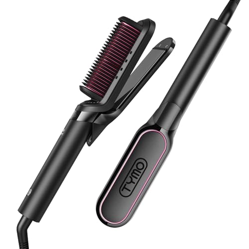 TYMO Flat Iron Hair Straightener Brush 2 in 1, 200M Ions Hair Straighteners for Women, Ceramic Dual Voltage Straightening Hot Comb for Anti-Frizz Stra