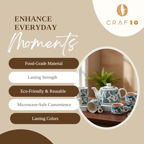 Image of CRAF10 Handcrafted Ceramic Stylo Blue Teapot Cup Set - 1 Kettle (1 Litre) & 6 Cups (160 ML), Microwave & Dishwasher Safe | Morning Set | Tea Sets with Kettle for Gifting