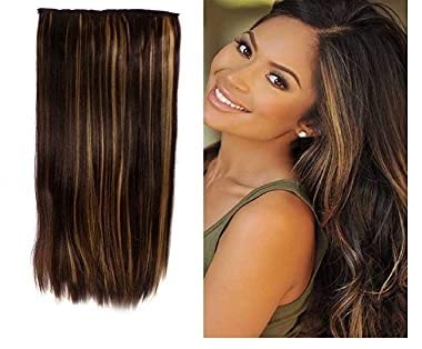 EKAN 20-24 Inches Light Weight Long and Soft Touch Synthetic Hair Extension for Women and Girls Pack of 1 (5Clips Straight, Golden Highlighting)-image-14