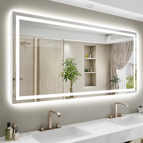 Image of 68x38 Inch LED Bathroom Mirror with Lights Front and Backlit Lighted Vanity Mirror for Bathroom Wall with 3 Colors Dimmable Anti-Fog Memory Shatter-Proof IP54 Waterproof Horizontal /Vertical