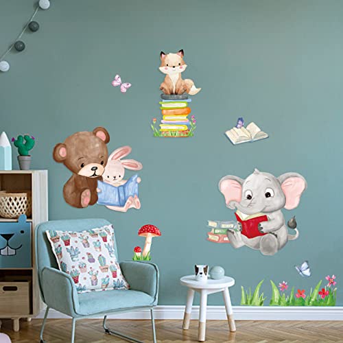 Superdant Colorful Animals Reading Books Wall Sticker Elephant Rabbit Fox Wall Decals Butterflies Mushrooms Flowers Wall Art Removable Pvc Decal For Kids Room Nursery Classroom Bedroom Decor #TOP2