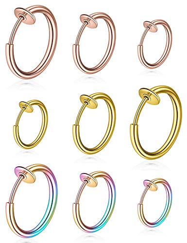 Goerhsjie Fake Earrings Fake Nose Cartilage Ring Clip On Faux Non Piercing Septum Face Helix Conch Lip Piercing Hoop Rings Surgical Steel Spring Endless Moon Ear Lobe Jewelry for Women Men Girls
