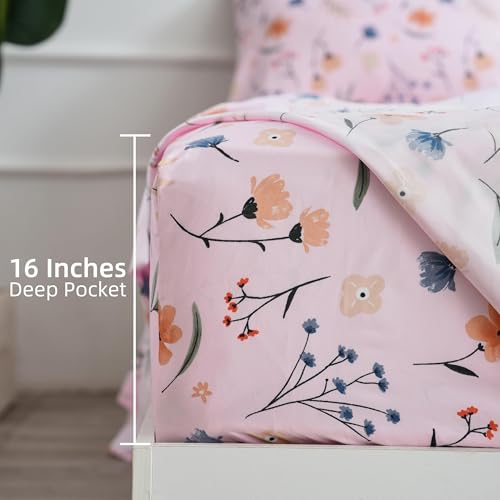 Image of Pink Flower Twin Sheets 3 Piece Set - Botanical Pattern Microfiber Bedding Decor - Breathable, Durable, Up to 16 inch Deep Pocket Bed Sheet for Girls