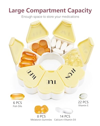 Image of MOLN HYMY Large Weekly Pill Box 7 Day, Pill Case Organizer, Flower Pill Container Once Daily, Round Medicine Dispenser for Vitamin /Fish Oil /Medication /Supplement (Yellow)