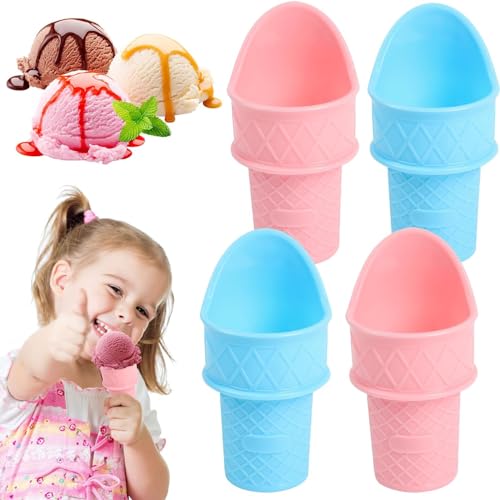 Plastic Ice Cream Cone Holder- Ice Cream Snow Cone Rack, 2024 New Ice Cream Cone, Plastic Ice Cream Snow Cone Rack, Food Grade Ice Cream Plastic Cup Spoon For Birthday Party, Gifts For Kids (4 Set)