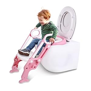 Toilettensitz Kinder mit Treppe, Stabilen Rutschfesten Breiten Pedalen und Weichem PU Kissen, Klappbar Kinder WC Sitz mit Rutschfest Leiter, HöHenverstellbar 38-42cm Rose