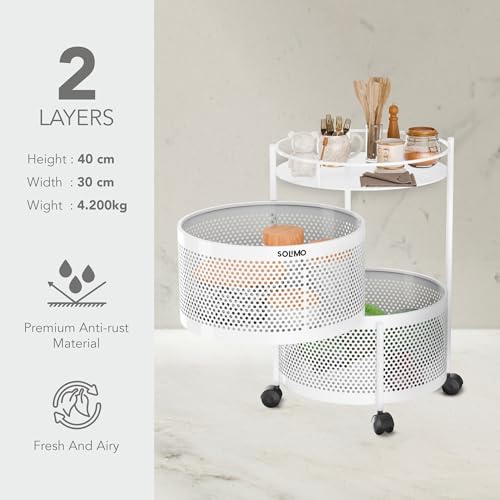 Image of Amazon Brand - Solimo 360 Revolving Preassembled Portable 2 Layer Round Multipurpose Storage Kitchen Rack Carbon Steel Fruit Vegetable & Spice Trolley with Wheels for Kitchen Organizer(Matte, White)