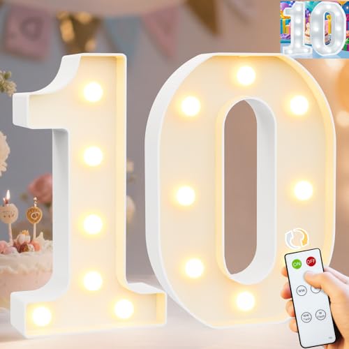 Image of Pooqla 10th Birthday Decoration for Girls Boys, Decorative Marquee Numbers with Remote, Light Up 10 Sign for Party Backdrop 10th Wedding Anniversary Decor, Warm White and Cool White Number 10