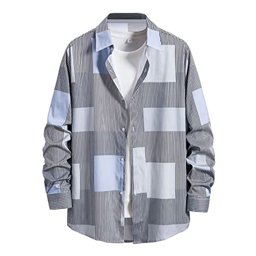 Mens Clothes Men's Casual Tops Shirt Geometric Stripe Print Shirt Long Sleeve Slim Shirt Short Sleeve Men Light Blue #TOP29