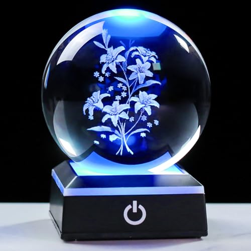 Image of 3D Crystal Ball Glass Lilys Flowers Home Decor Collectible Figurines Lamps for Bedrooms Artificial Lily Flower Gift for Crystals Lovers Women Etched Glass Night Light