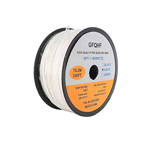 GFQHF UL Listed 250 Foot Zip Cord Bulk Lamp cord, 18 Gauge, SPT-1 Rated (White)