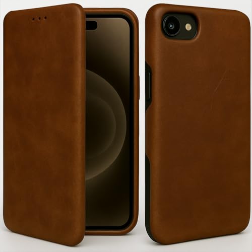 Image of Premium Vegan Leather Phone Cover with Card Slot - Slim, Durable, Privacy Protection, Kickstand Function, Elegant Flip Wallet Cases Compatible for iPhone 16e (Bown) Brown